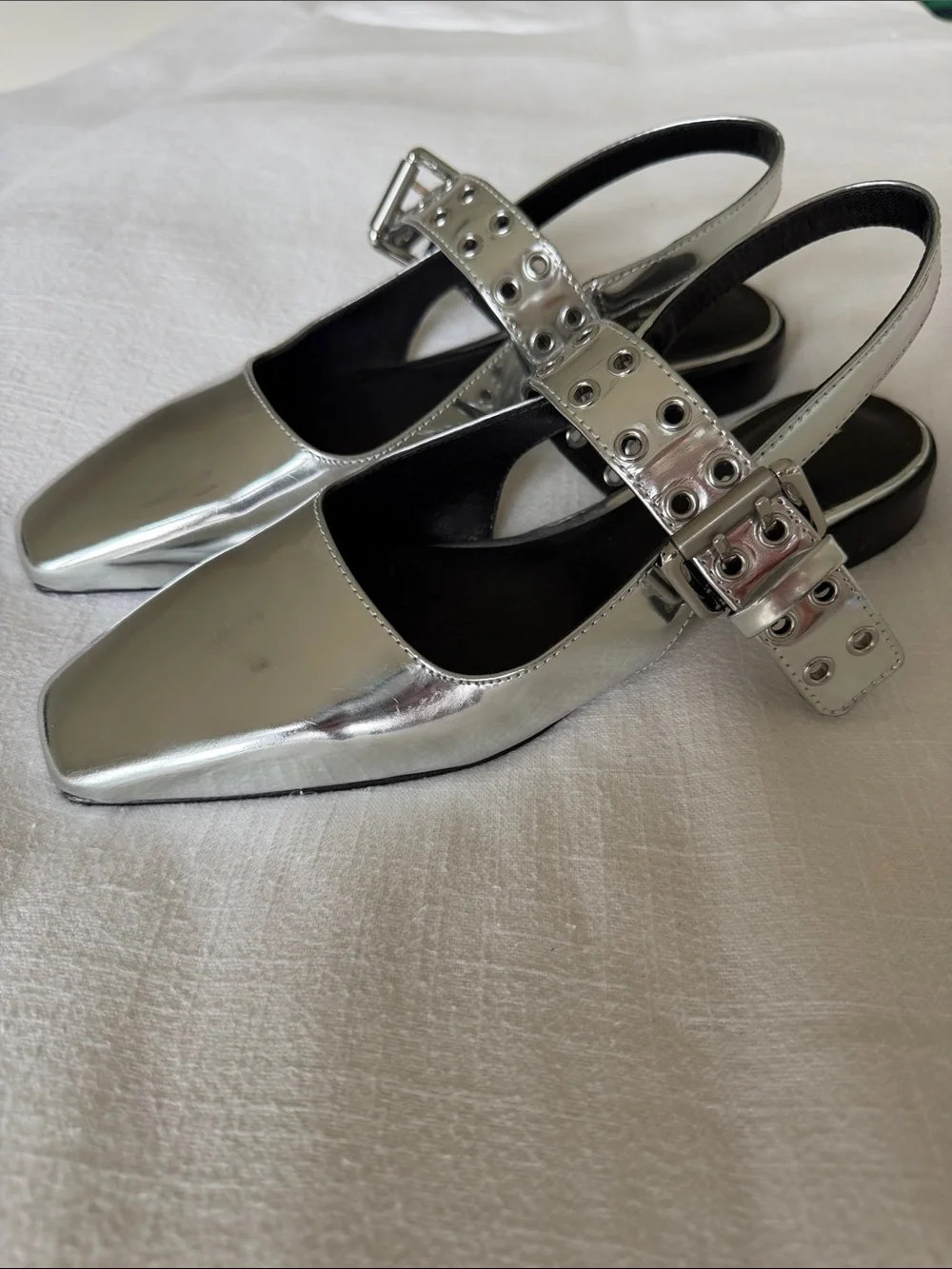 Rag & Bone Metallic Silver Square-Toe Slingback Mules with Grommet Strap